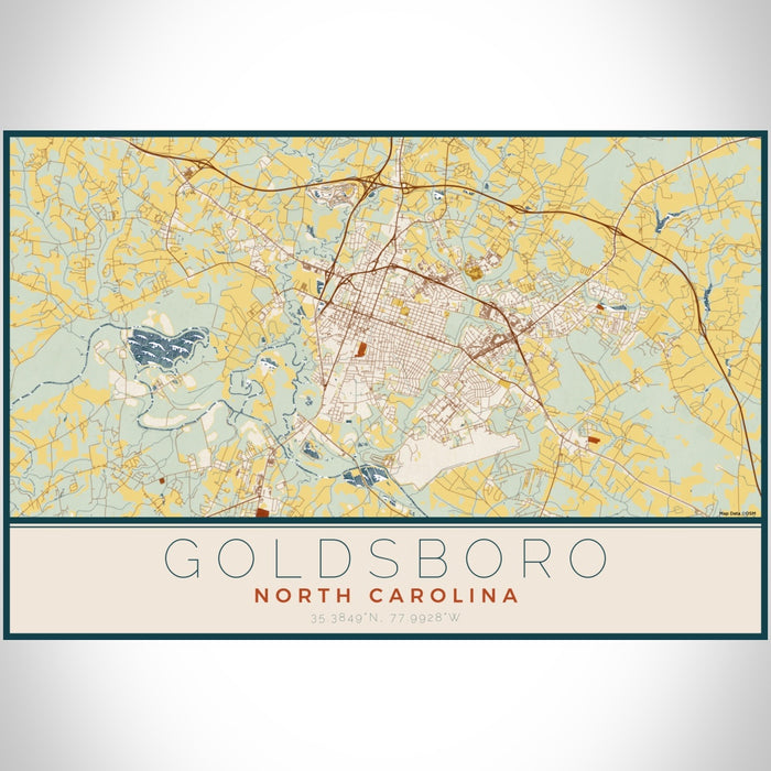 Goldsboro North Carolina Map Print Landscape Orientation in Woodblock Style With Shaded Background