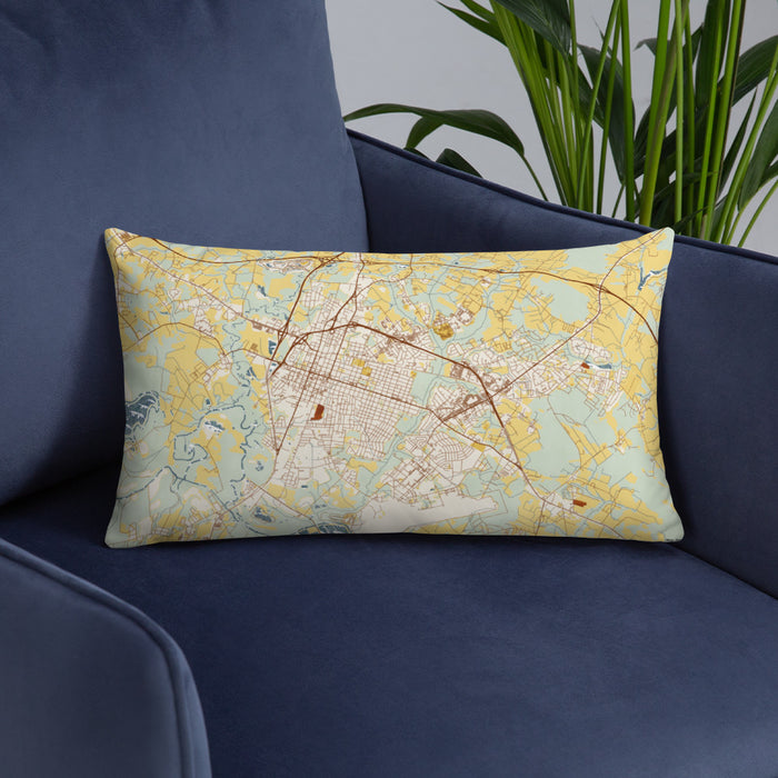 Custom Goldsboro North Carolina Map Throw Pillow in Woodblock on Blue Colored Chair