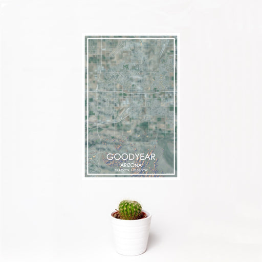 12x18 Goodyear Arizona Map Print Portrait Orientation in Afternoon Style With Small Cactus Plant in White Planter