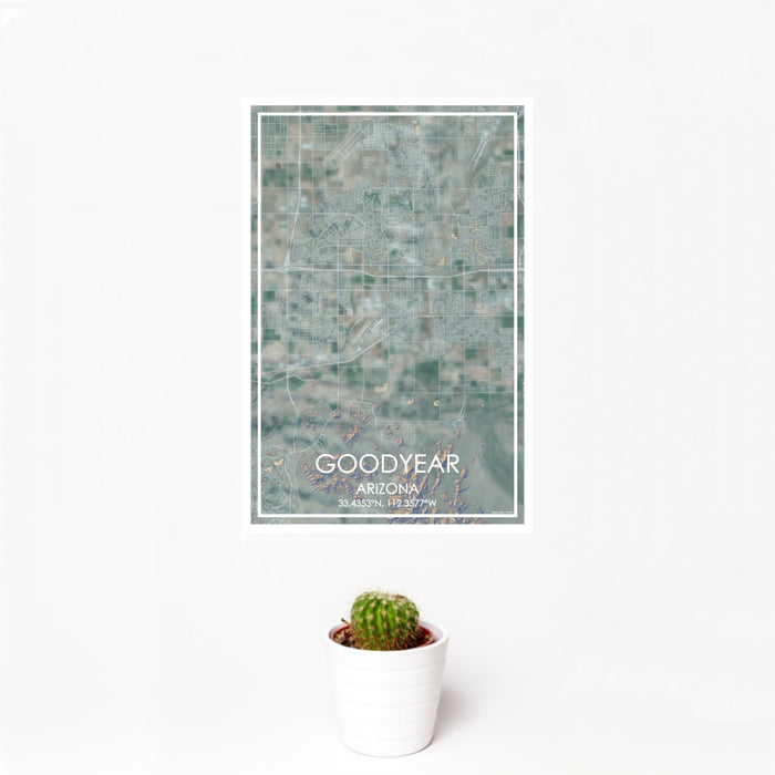 12x18 Goodyear Arizona Map Print Portrait Orientation in Afternoon Style With Small Cactus Plant in White Planter