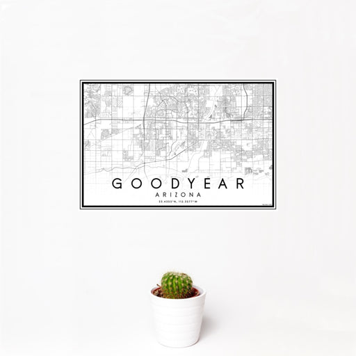 12x18 Goodyear Arizona Map Print Landscape Orientation in Classic Style With Small Cactus Plant in White Planter