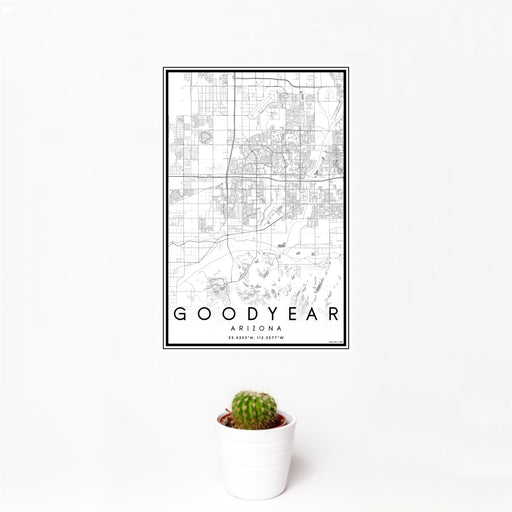 12x18 Goodyear Arizona Map Print Portrait Orientation in Classic Style With Small Cactus Plant in White Planter