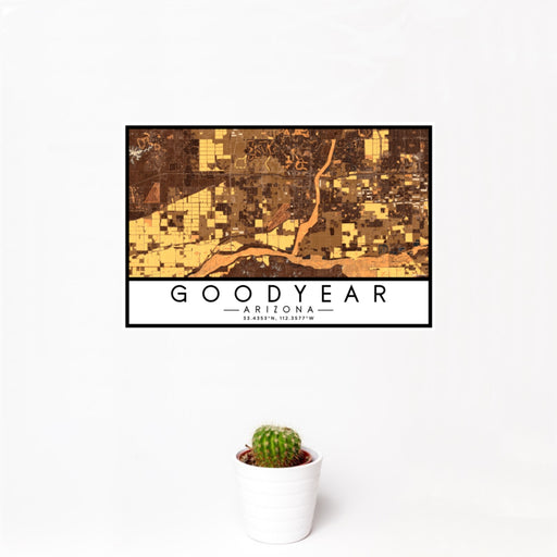 12x18 Goodyear Arizona Map Print Landscape Orientation in Ember Style With Small Cactus Plant in White Planter