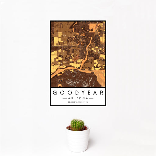 12x18 Goodyear Arizona Map Print Portrait Orientation in Ember Style With Small Cactus Plant in White Planter