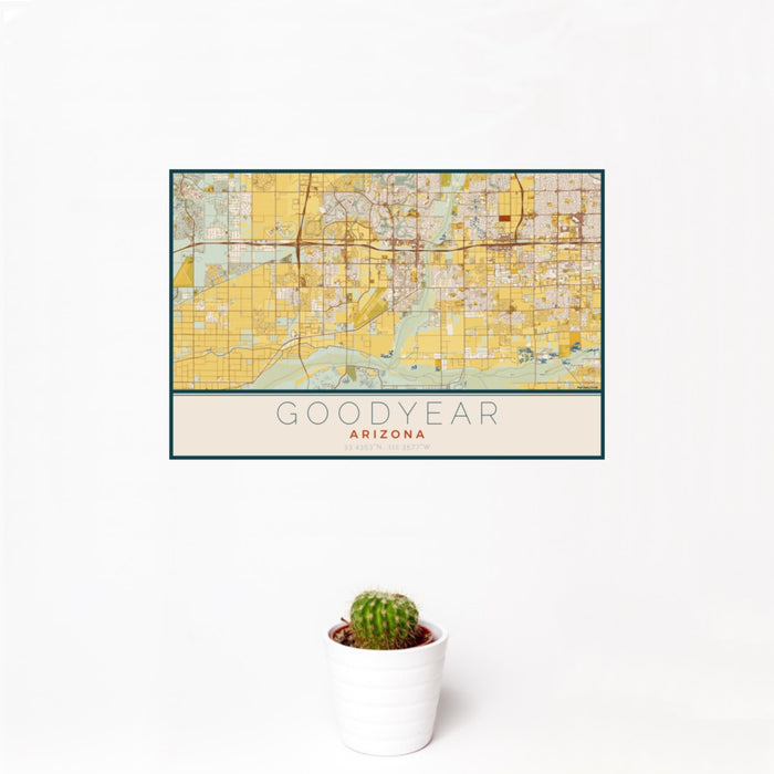 12x18 Goodyear Arizona Map Print Landscape Orientation in Woodblock Style With Small Cactus Plant in White Planter