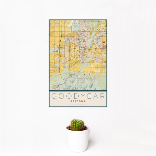 12x18 Goodyear Arizona Map Print Portrait Orientation in Woodblock Style With Small Cactus Plant in White Planter