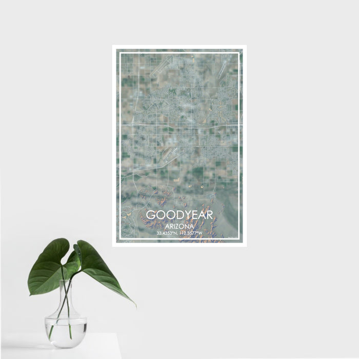 16x24 Goodyear Arizona Map Print Portrait Orientation in Afternoon Style With Tropical Plant Leaves in Water