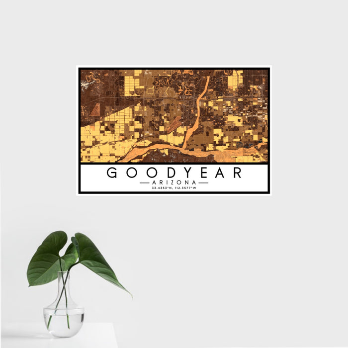 16x24 Goodyear Arizona Map Print Landscape Orientation in Ember Style With Tropical Plant Leaves in Water