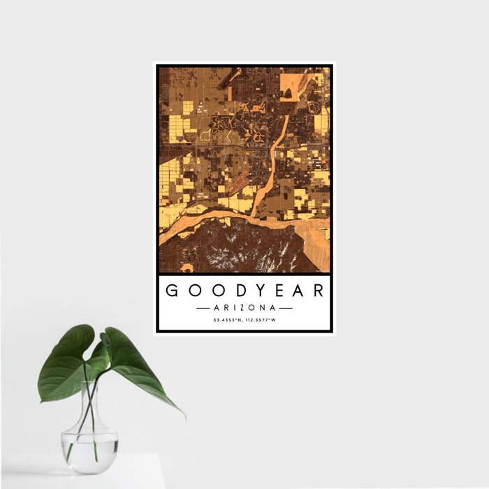 16x24 Goodyear Arizona Map Print Portrait Orientation in Ember Style With Tropical Plant Leaves in Water