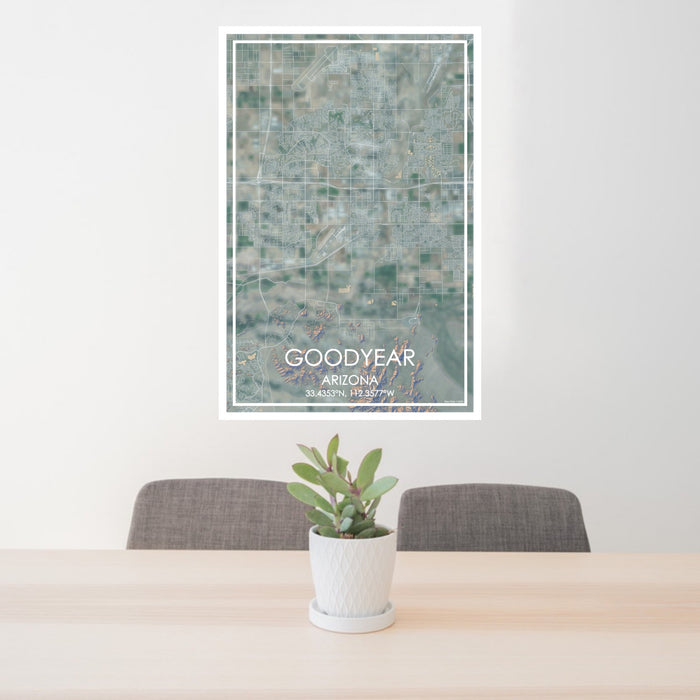 24x36 Goodyear Arizona Map Print Portrait Orientation in Afternoon Style Behind 2 Chairs Table and Potted Plant