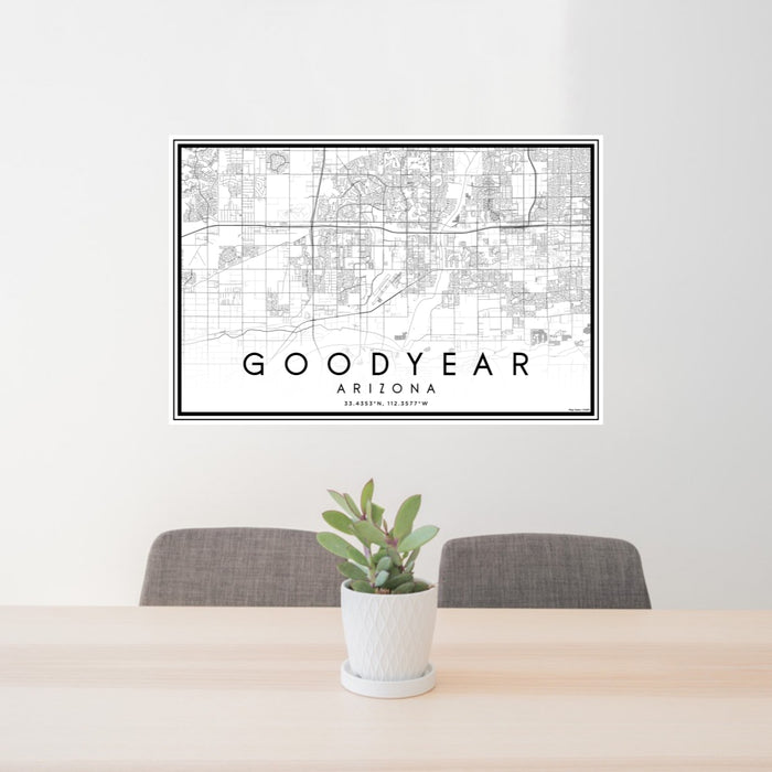 24x36 Goodyear Arizona Map Print Lanscape Orientation in Classic Style Behind 2 Chairs Table and Potted Plant