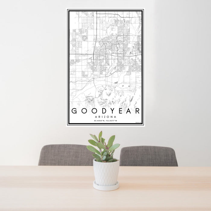 24x36 Goodyear Arizona Map Print Portrait Orientation in Classic Style Behind 2 Chairs Table and Potted Plant