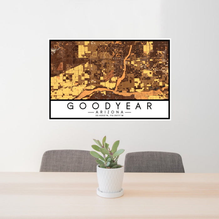 24x36 Goodyear Arizona Map Print Lanscape Orientation in Ember Style Behind 2 Chairs Table and Potted Plant