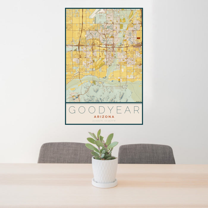 24x36 Goodyear Arizona Map Print Portrait Orientation in Woodblock Style Behind 2 Chairs Table and Potted Plant