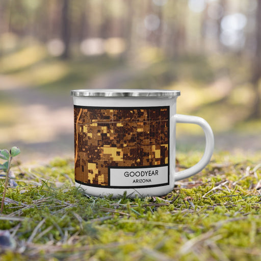 Right View Custom Goodyear Arizona Map Enamel Mug in Ember on Grass With Trees in Background
