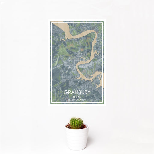12x18 Granbury Texas Map Print Portrait Orientation in Afternoon Style With Small Cactus Plant in White Planter