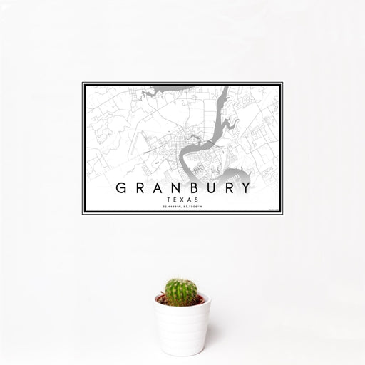 12x18 Granbury Texas Map Print Landscape Orientation in Classic Style With Small Cactus Plant in White Planter