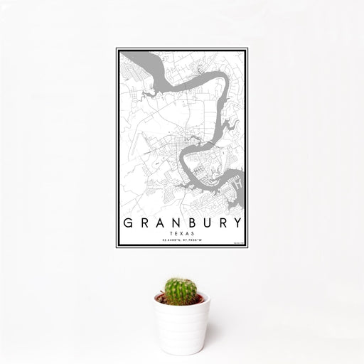 12x18 Granbury Texas Map Print Portrait Orientation in Classic Style With Small Cactus Plant in White Planter