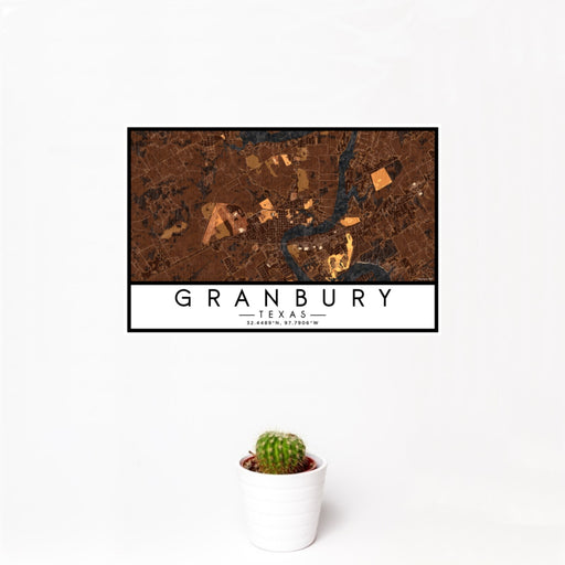 12x18 Granbury Texas Map Print Landscape Orientation in Ember Style With Small Cactus Plant in White Planter