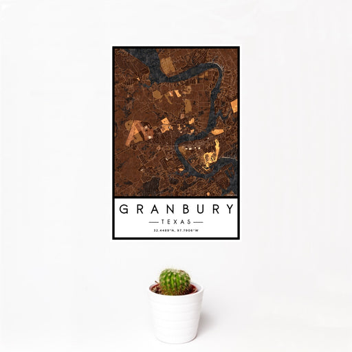 12x18 Granbury Texas Map Print Portrait Orientation in Ember Style With Small Cactus Plant in White Planter