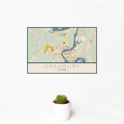 12x18 Granbury Texas Map Print Landscape Orientation in Woodblock Style With Small Cactus Plant in White Planter