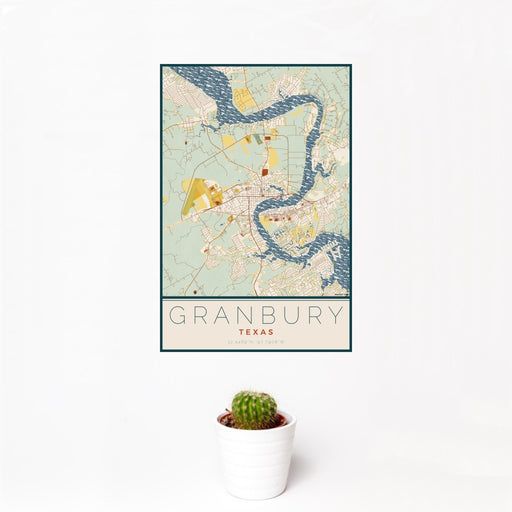 12x18 Granbury Texas Map Print Portrait Orientation in Woodblock Style With Small Cactus Plant in White Planter
