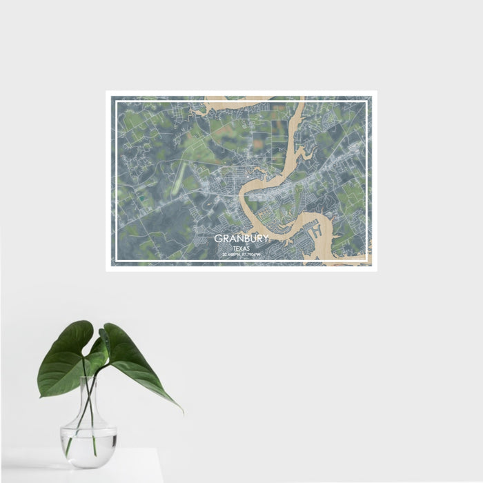 16x24 Granbury Texas Map Print Landscape Orientation in Afternoon Style With Tropical Plant Leaves in Water