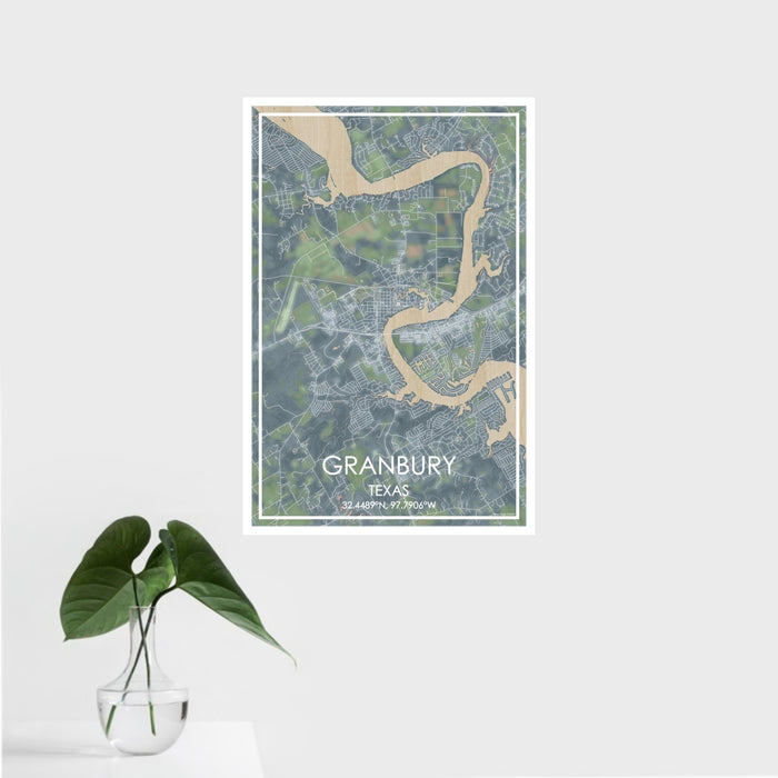 16x24 Granbury Texas Map Print Portrait Orientation in Afternoon Style With Tropical Plant Leaves in Water