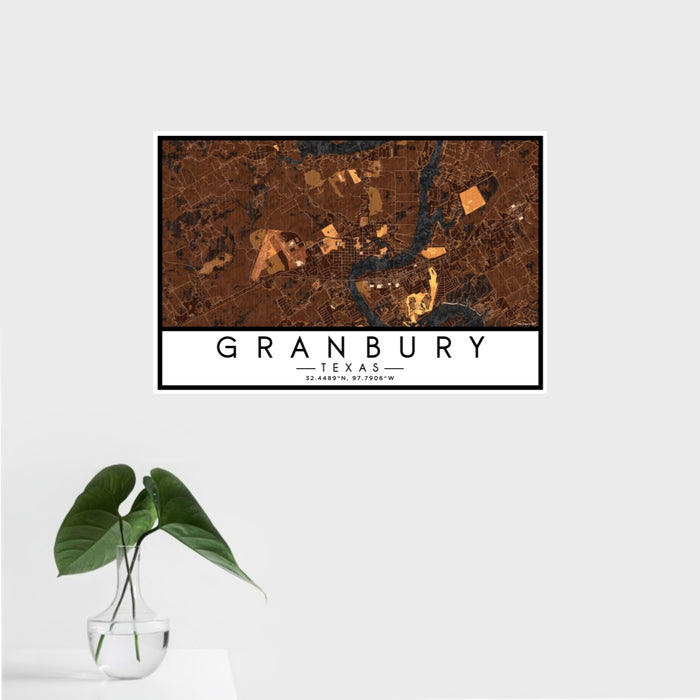 16x24 Granbury Texas Map Print Landscape Orientation in Ember Style With Tropical Plant Leaves in Water