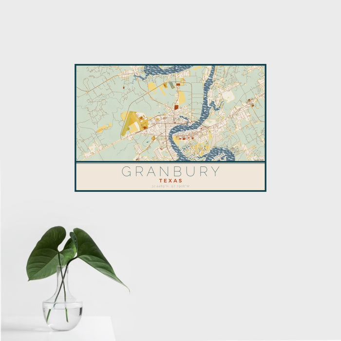 16x24 Granbury Texas Map Print Landscape Orientation in Woodblock Style With Tropical Plant Leaves in Water