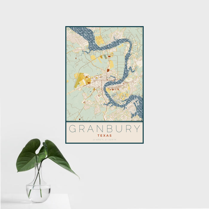 16x24 Granbury Texas Map Print Portrait Orientation in Woodblock Style With Tropical Plant Leaves in Water