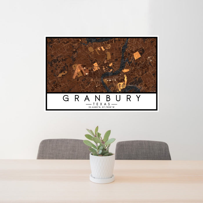24x36 Granbury Texas Map Print Lanscape Orientation in Ember Style Behind 2 Chairs Table and Potted Plant