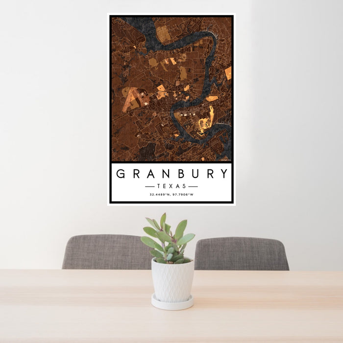 24x36 Granbury Texas Map Print Portrait Orientation in Ember Style Behind 2 Chairs Table and Potted Plant