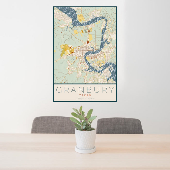 24x36 Granbury Texas Map Print Portrait Orientation in Woodblock Style Behind 2 Chairs Table and Potted Plant