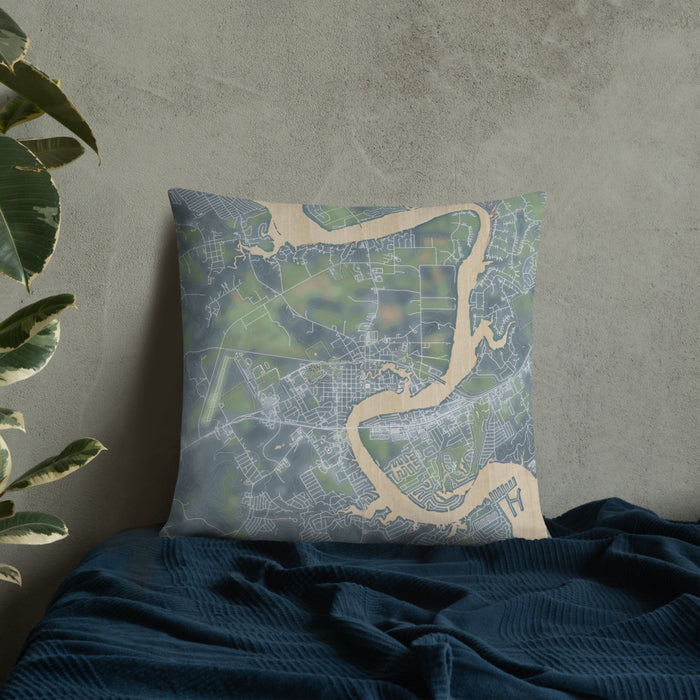 Custom Granbury Texas Map Throw Pillow in Afternoon on Bedding Against Wall