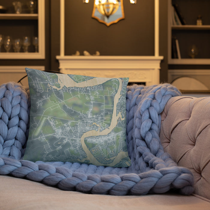 Custom Granbury Texas Map Throw Pillow in Afternoon on Cream Colored Couch