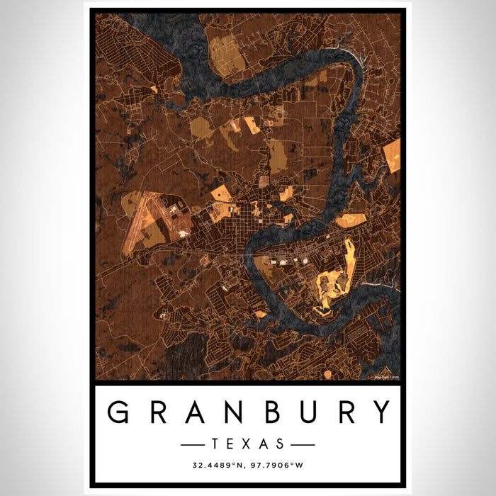 Granbury Texas Map Print Portrait Orientation in Ember Style With Shaded Background