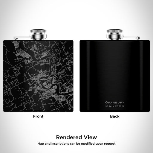 Rendered View of Granbury Texas Map Engraving on 6oz Stainless Steel Flask in Black