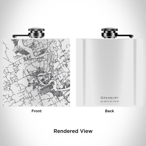 Rendered View of Granbury Texas Map Engraving on 6oz Stainless Steel Flask in White