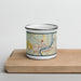 Front View Custom Granbury Texas Map Enamel Mug in Woodblock on Cutting Board
