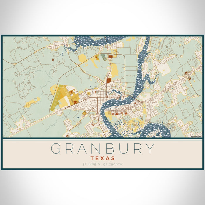 Granbury Texas Map Print Landscape Orientation in Woodblock Style With Shaded Background