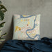 Custom Granbury Texas Map Throw Pillow in Woodblock on Bedding Against Wall