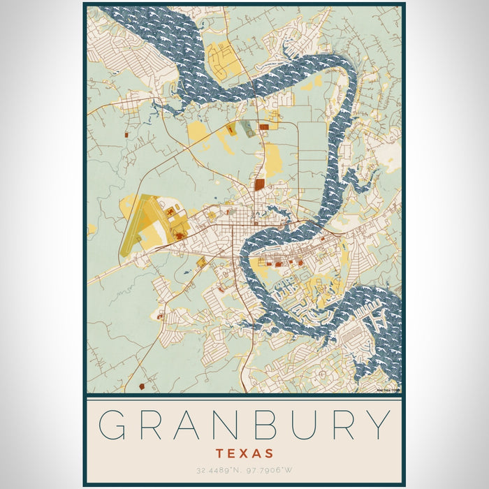 Granbury Texas Map Print Portrait Orientation in Woodblock Style With Shaded Background