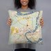 Person holding 18x18 Custom Granbury Texas Map Throw Pillow in Woodblock
