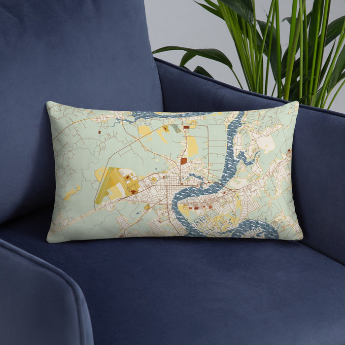 Custom Granbury Texas Map Throw Pillow in Woodblock on Blue Colored Chair