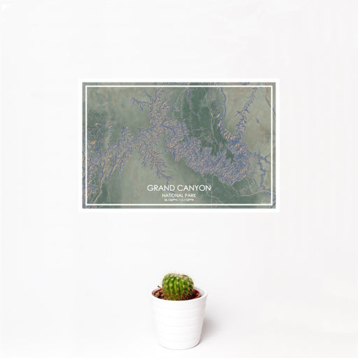12x18 Grand Canyon National Park Map Print Landscape Orientation in Afternoon Style With Small Cactus Plant in White Planter