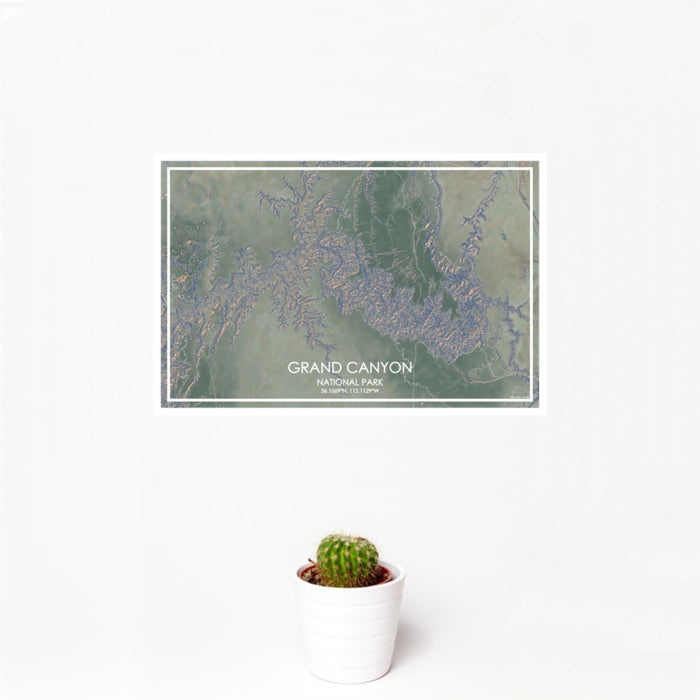 12x18 Grand Canyon National Park Map Print Landscape Orientation in Afternoon Style With Small Cactus Plant in White Planter