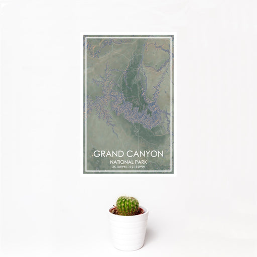 12x18 Grand Canyon National Park Map Print Portrait Orientation in Afternoon Style With Small Cactus Plant in White Planter