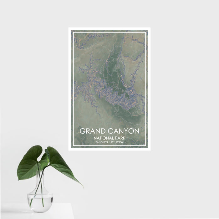 16x24 Grand Canyon National Park Map Print Portrait Orientation in Afternoon Style With Tropical Plant Leaves in Water