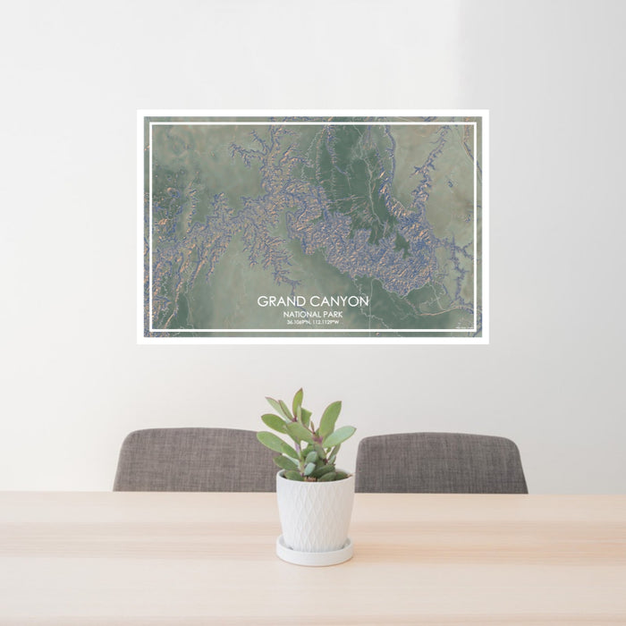 24x36 Grand Canyon National Park Map Print Lanscape Orientation in Afternoon Style Behind 2 Chairs Table and Potted Plant